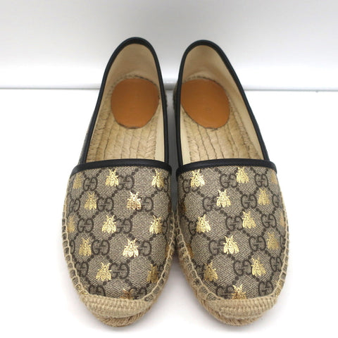 Gucci Pilar Espadrille Flats Beige/Gold Bee Print GG Supreme Canvas Size 36.5