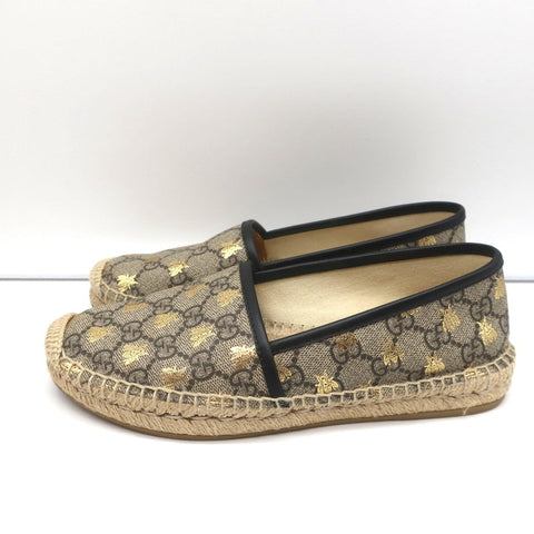 Gucci Pilar Espadrille Flats Beige/Gold Bee Print GG Supreme Canvas Size 36.5