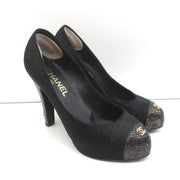 CC Cap Toe Platform Pumps Black Canvas & Gold Metallic Leather Size 36.5