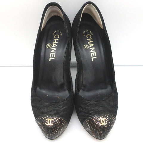 CC Cap Toe Platform Pumps Black Canvas & Gold Metallic Leather Size 36.5