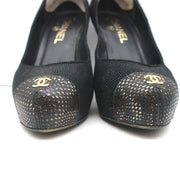 CC Cap Toe Platform Pumps Black Canvas & Gold Metallic Leather Size 36.5