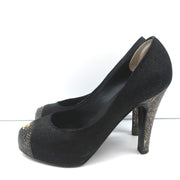 CC Cap Toe Platform Pumps Black Canvas & Gold Metallic Leather Size 36.5