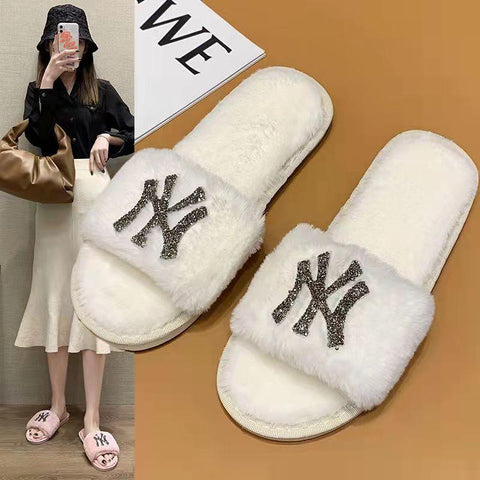 Women's fashion warm artificial fur indoor non-slip comfortable flat slippers