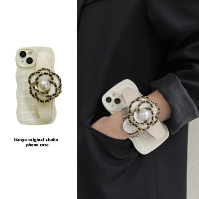 Pearl camellia wrist strap Phone Case