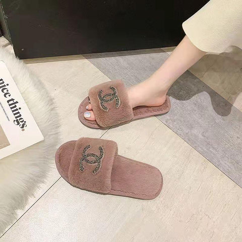 Luxury Rhinestone Home Shoes Flat Slippers  plush slippers