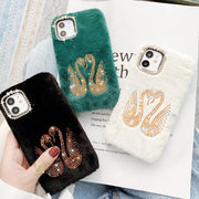 Rhinestone swan Plush phone case