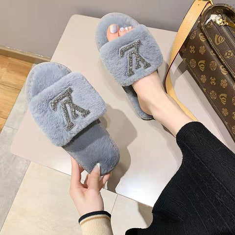 Women's Luxury diamond Home Shoes Flat Slippers Faux Fur plush slippers