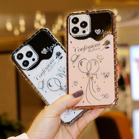 Two-in-one phone case with rhinestone frame and mirror