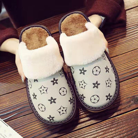 Winter home furnishing plush thick-soled warm couple leather slippers