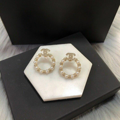 Diamond-set pearl ring stud earrings