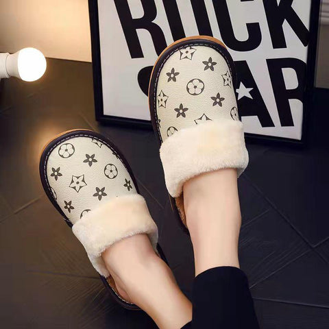 Winter home furnishing plush thick-soled warm couple leather slippers