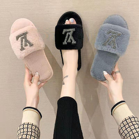 Women's Luxury diamond Home Shoes Flat Slippers Faux Fur plush slippers