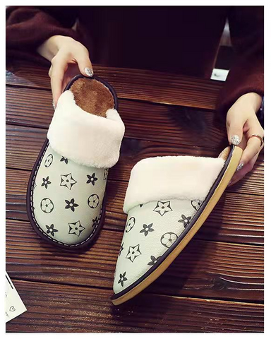 Winter home furnishing plush thick-soled warm couple leather slippers