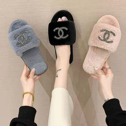 Luxury Rhinestone Home Shoes Flat Slippers  plush slippers