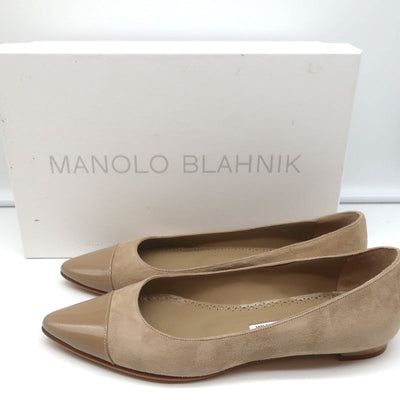 Manolo Blahnik Bipunta Cap Toe Flats Taupe Suede & Patent Leather Size 36 NEW