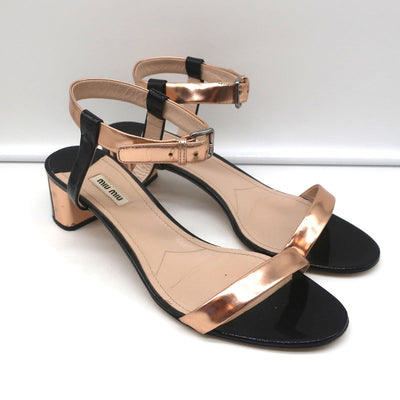 Miu Miu Bicolor Ankle Strap Sandals Metallic Rose Gold & Black Patent Size 41