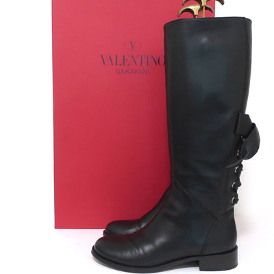 Valentino Ascot Ribbon Lace-Up Riding Boots Black Leather Size 37 Knee High Flat